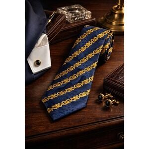 Lanvin Paris Vintage Silk Tie Navy Blue Gold Shell Chain Nautical Made in France